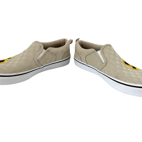 Vans Girls Beige Checkerboard Slip-On Sneakers Sunflower Embroidery Junior Sz 4 - Picture 5 of 8